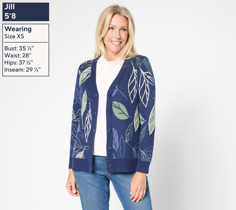 Denim & Co. Jacquard Leaf Button Front Sweater Cardigan — View 6