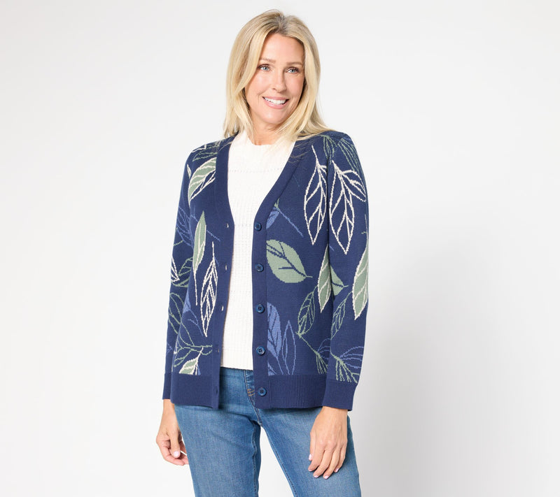 Denim & Co. Jacquard Leaf Button Front Sweater Cardigan — View 5