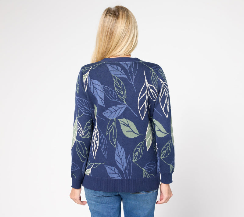 Denim & Co. Jacquard Leaf Button Front Sweater Cardigan — View 7