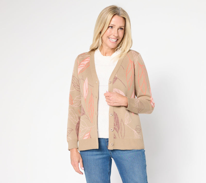 Denim & Co. Jacquard Leaf Button Front Sweater Cardigan — View 3