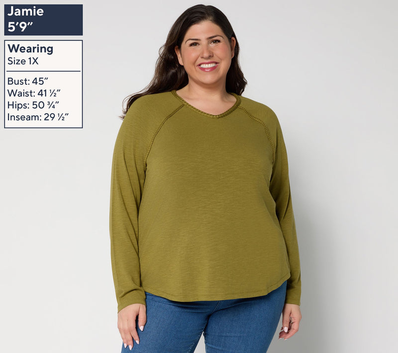 Belle Boho by Kim Gravel Slub Knit Braided Raglan V-Neck Top — View 2