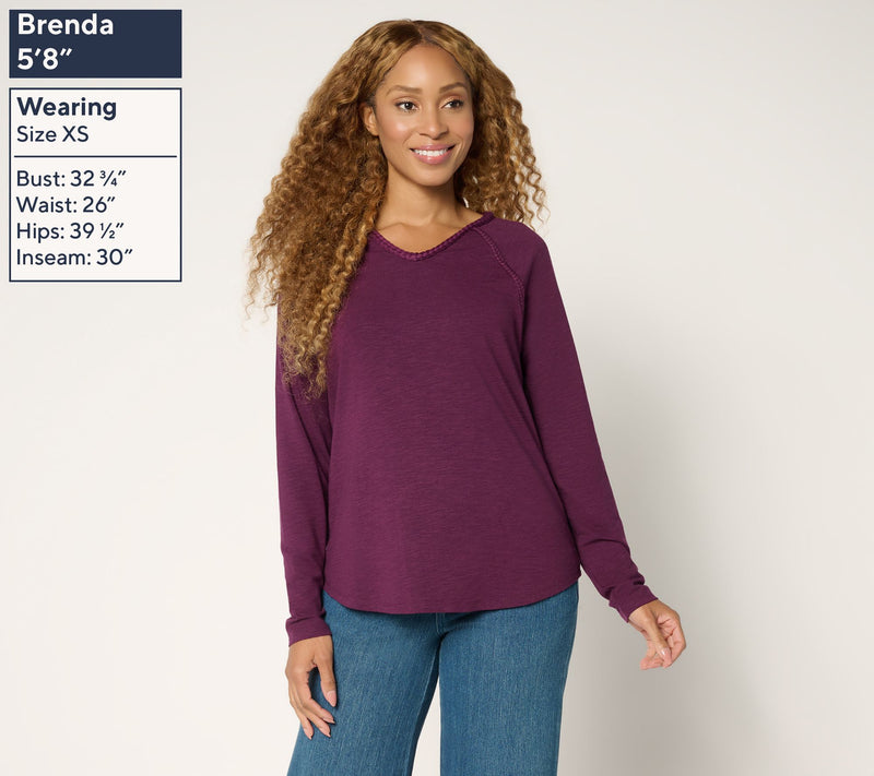 Belle Boho by Kim Gravel Slub Knit Braided Raglan V-Neck Top — View 3