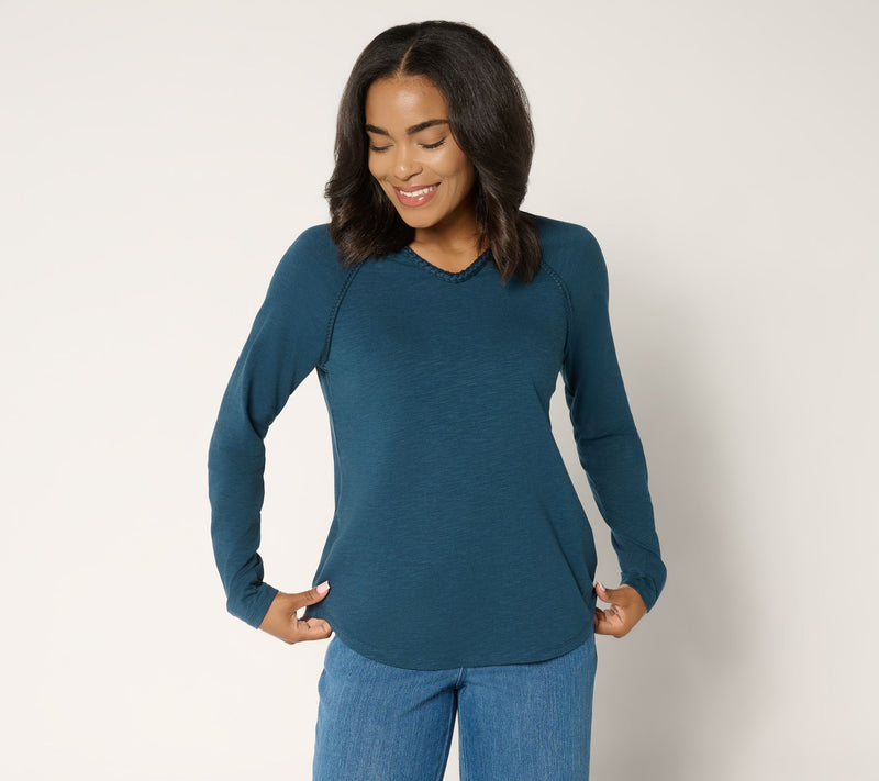 Belle Boho by Kim Gravel Slub Knit Braided Raglan V-Neck Top — View 13