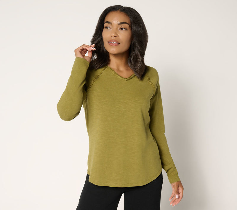 Belle Boho by Kim Gravel Slub Knit Braided Raglan V-Neck Top — View 18