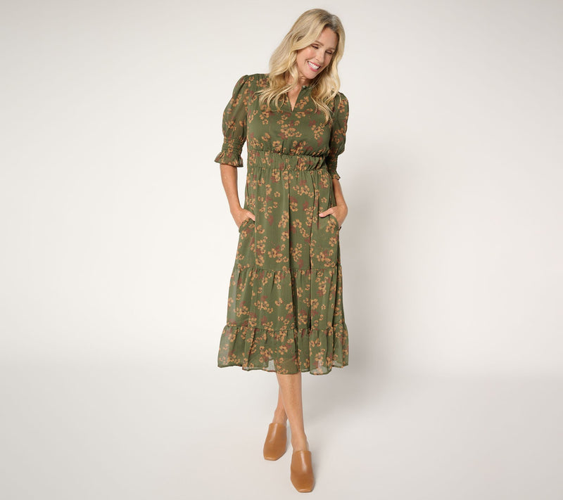Ree by The Pioneer Woman Petite Printed Tiered Puff Sleeve Dress — View 5