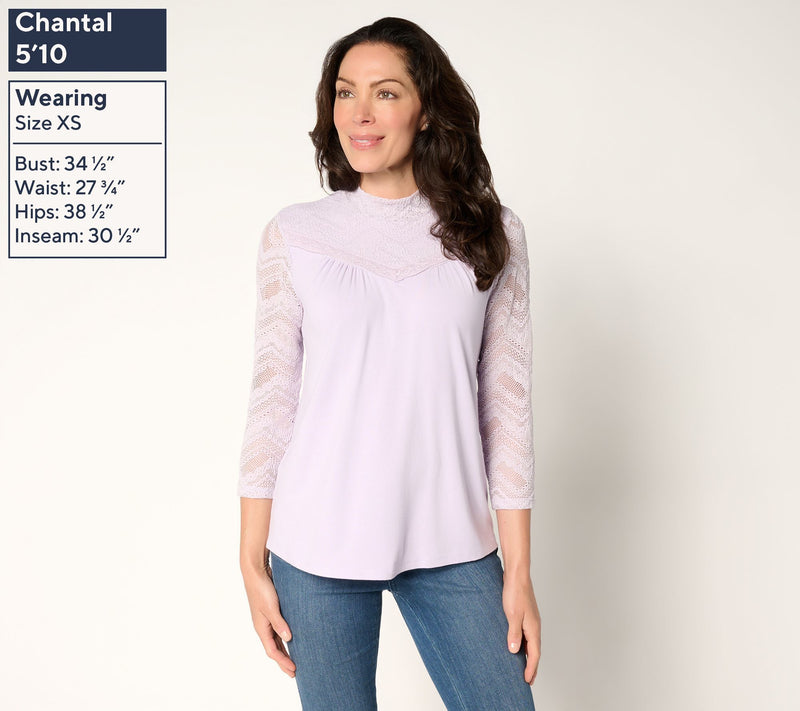 LOGO by Lori Goldstein Rayon 230 Mock Neck Top with Lace — View 9