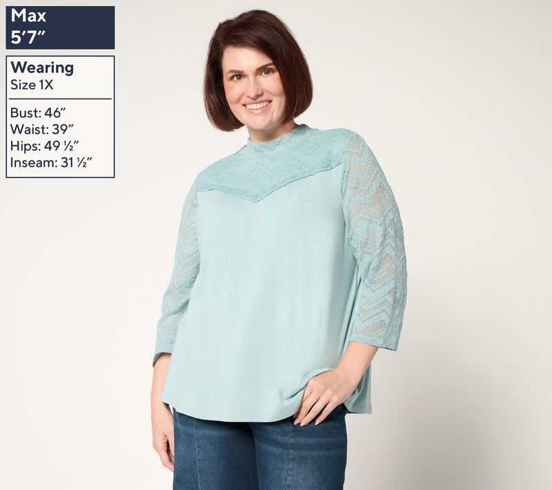 LOGO by Lori Goldstein Rayon 230 Mock Neck Top with Lace — View 8