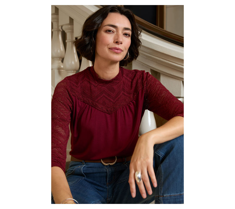 LOGO by Lori Goldstein Rayon 230 Mock Neck Top with Lace — View 13