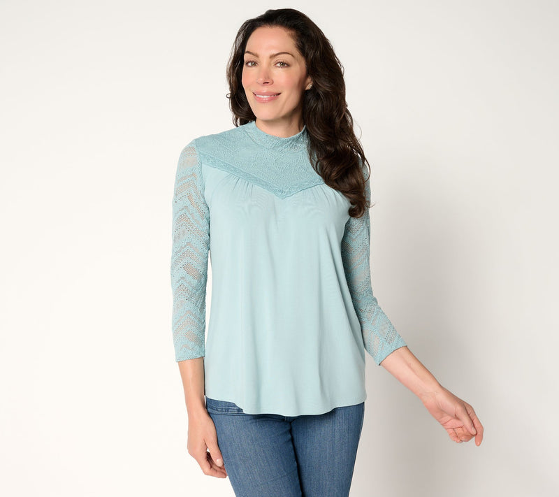 LOGO by Lori Goldstein Rayon 230 Mock Neck Top with Lace — View 5