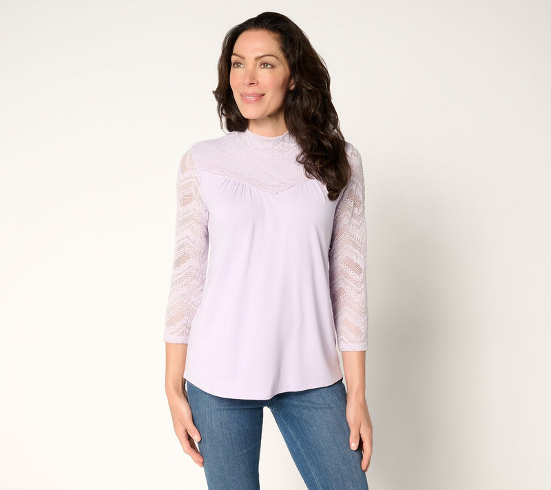 LOGO by Lori Goldstein Rayon 230 Mock Neck Top with Lace — View 7