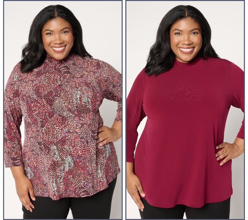 Susan Graver Set of 2 Print & Solid Liquid Knit Mock Neck Tops — Main view