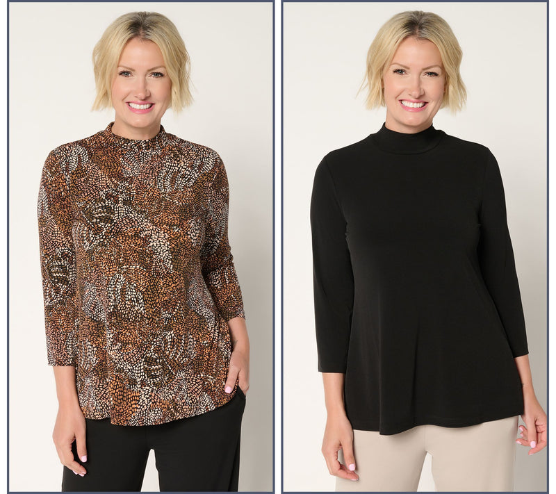 Susan Graver Set of 2 Print & Solid Liquid Knit Mock Neck Tops — View 13