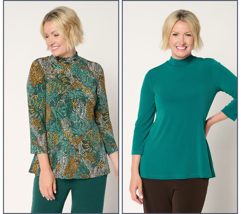 Susan Graver Set of 2 Print & Solid Liquid Knit Mock Neck Tops — View 14