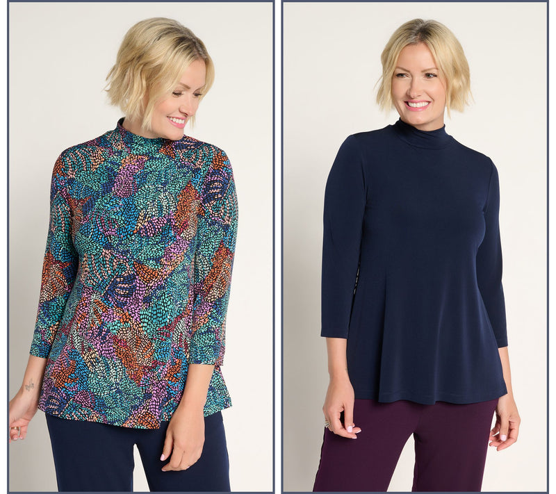 Susan Graver Set of 2 Print & Solid Liquid Knit Mock Neck Tops — View 15