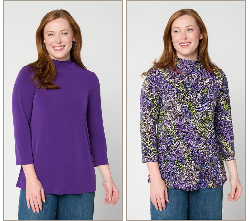 Susan Graver Set of 2 Print & Solid Liquid Knit Mock Neck Tops — View 16