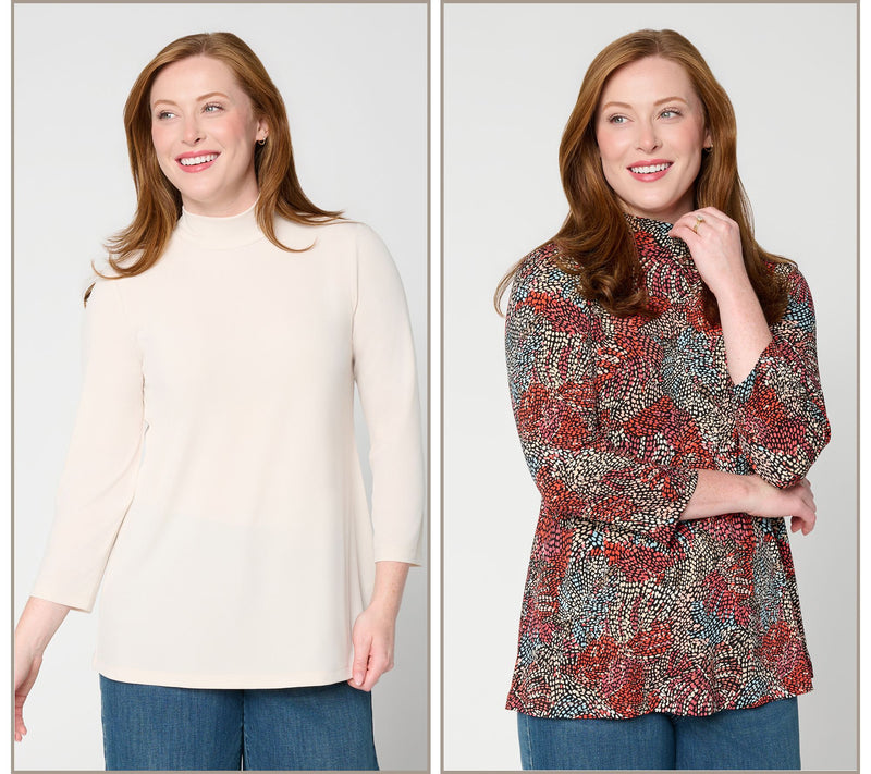 Susan Graver Set of 2 Print & Solid Liquid Knit Mock Neck Tops — View 17