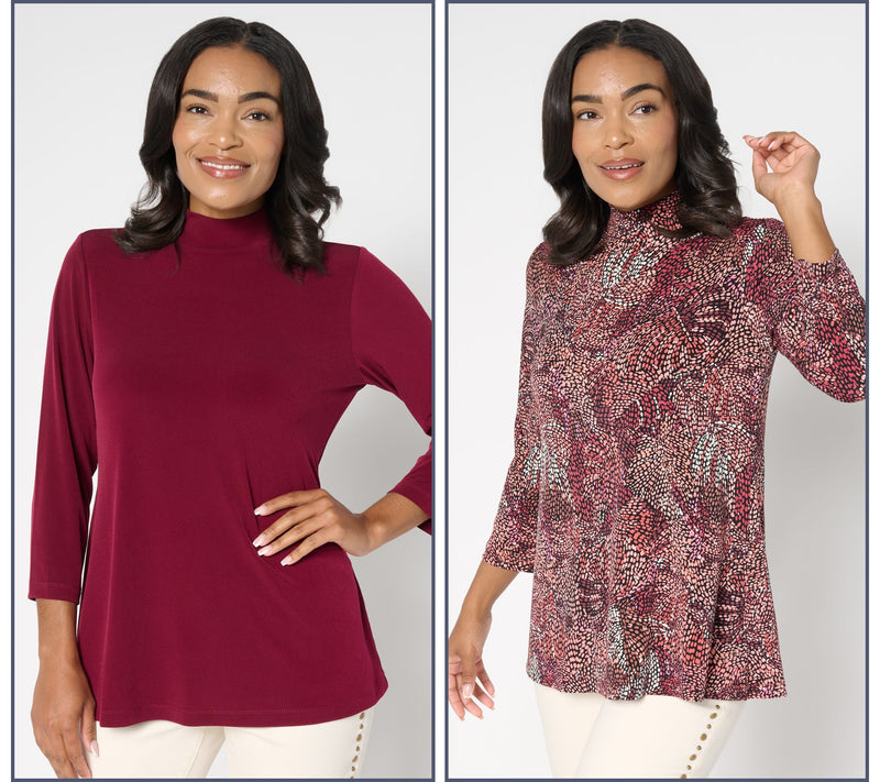 Susan Graver Set of 2 Print & Solid Liquid Knit Mock Neck Tops — View 3
