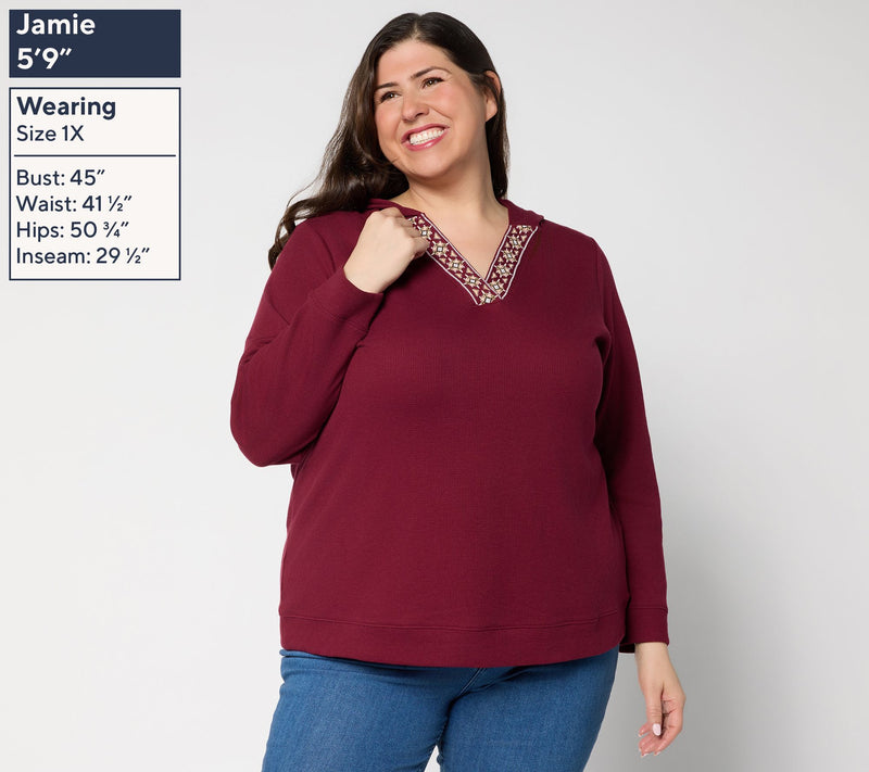 Denim & Co. Waffle Knit V-Neck Hooded Top — View 2