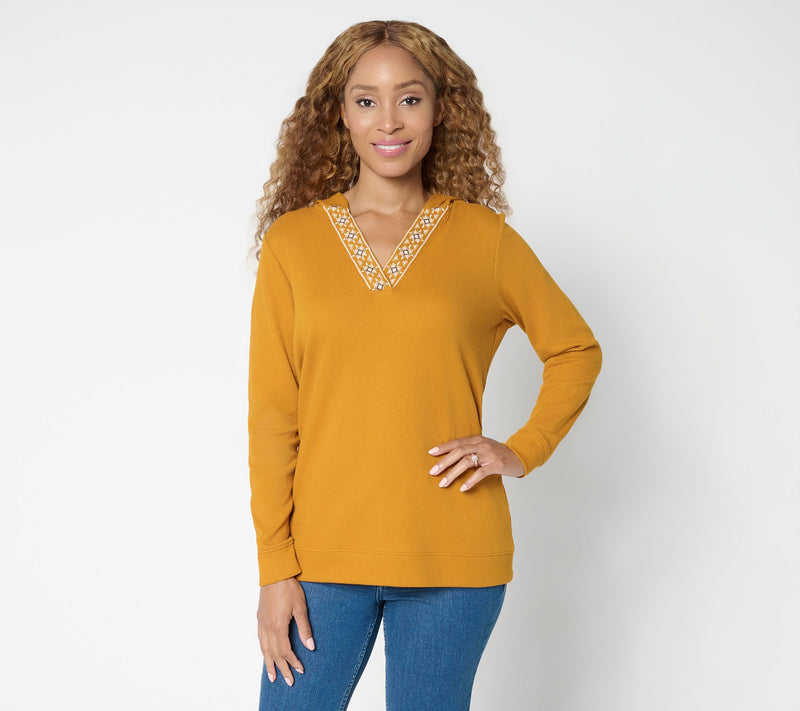 Denim & Co. Waffle Knit V-Neck Hooded Top — Main view