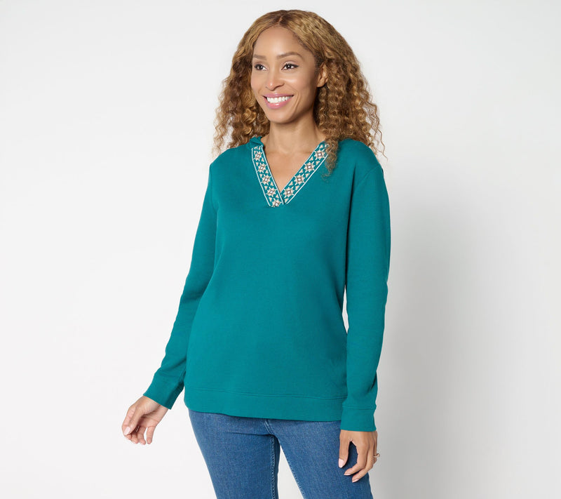 Denim & Co. Waffle Knit V-Neck Hooded Top — View 12