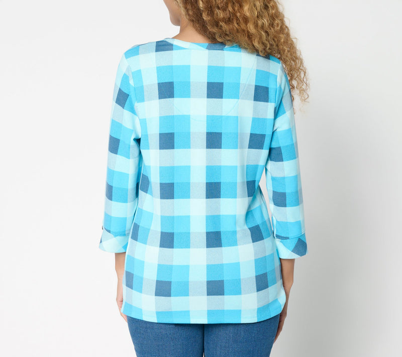 Denim & Co. Heavenly Jersey 3/4 Sleeve Plaid Henley Top — View 4