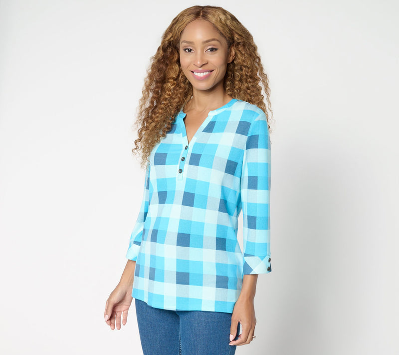 Denim & Co. Heavenly Jersey 3/4 Sleeve Plaid Henley Top — View 11