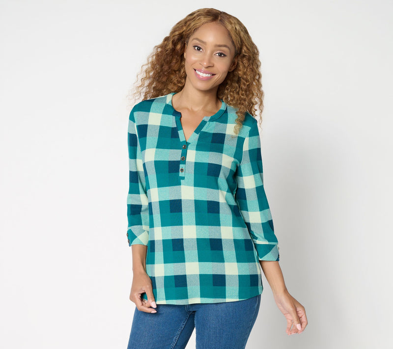 Denim & Co. Heavenly Jersey 3/4 Sleeve Plaid Henley Top — View 12