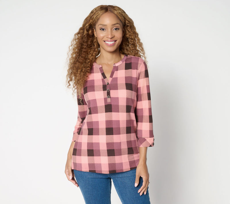 Denim & Co. Heavenly Jersey 3/4 Sleeve Plaid Henley Top — View 13