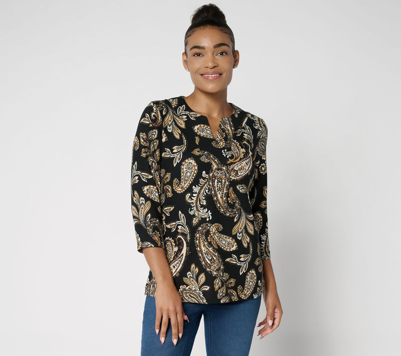 Denim & Co. Printed Heavenly Jersey Split V-Neck 3/4 Sleeve Top — View 10
