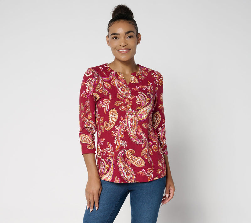 Denim & Co. Printed Heavenly Jersey Split V-Neck 3/4 Sleeve Top — Main view