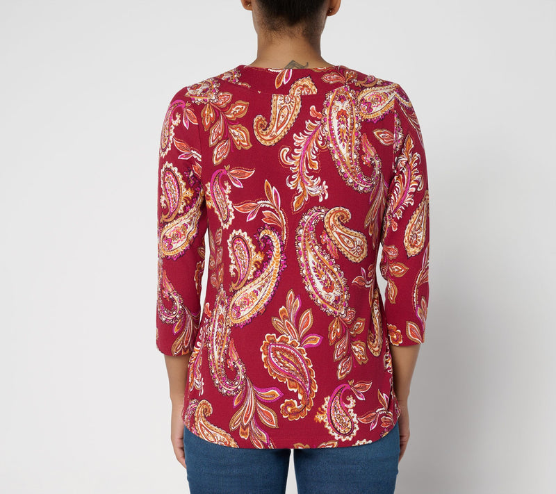 Denim & Co. Printed Heavenly Jersey Split V-Neck 3/4 Sleeve Top — View 4
