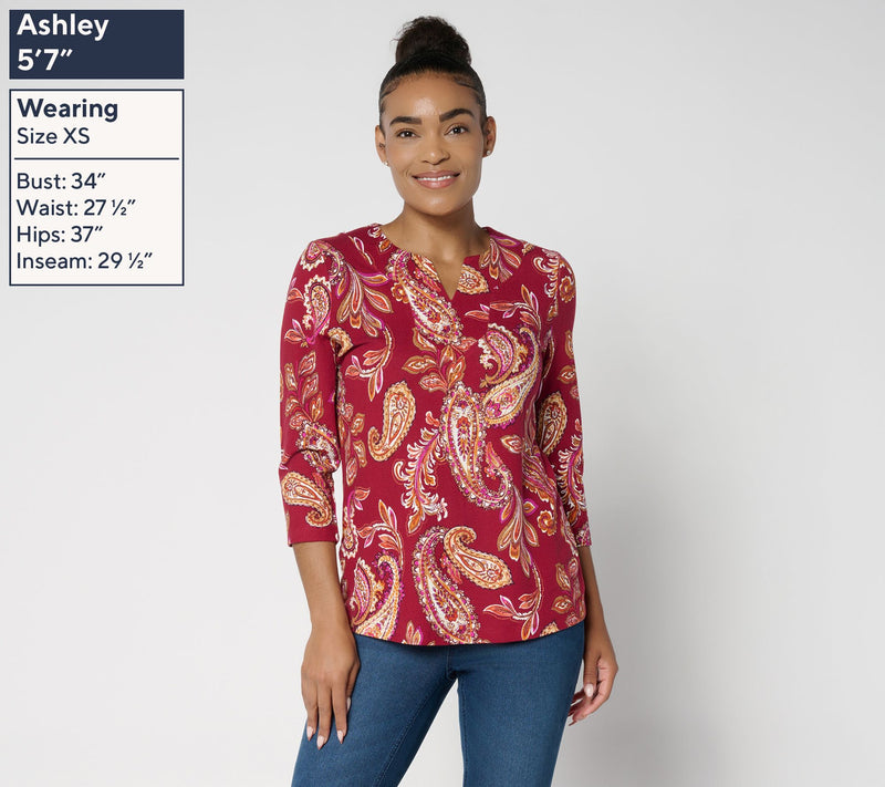 Denim & Co. Printed Heavenly Jersey Split V-Neck 3/4 Sleeve Top — View 3