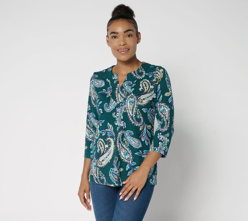 Denim & Co. Printed Heavenly Jersey Split V-Neck 3/4 Sleeve Top — View 12