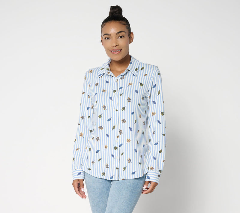 Denim & Co. Heavenly Jersey Button Front Fall Leaf Print Striped Top — Main view