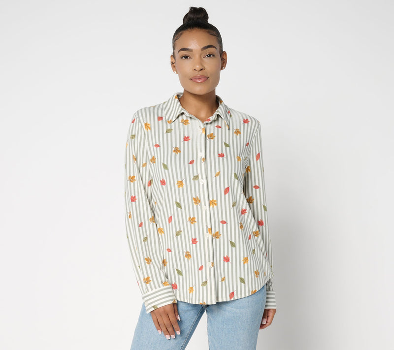 Denim & Co. Heavenly Jersey Button Front Fall Leaf Print Striped Top — View 10
