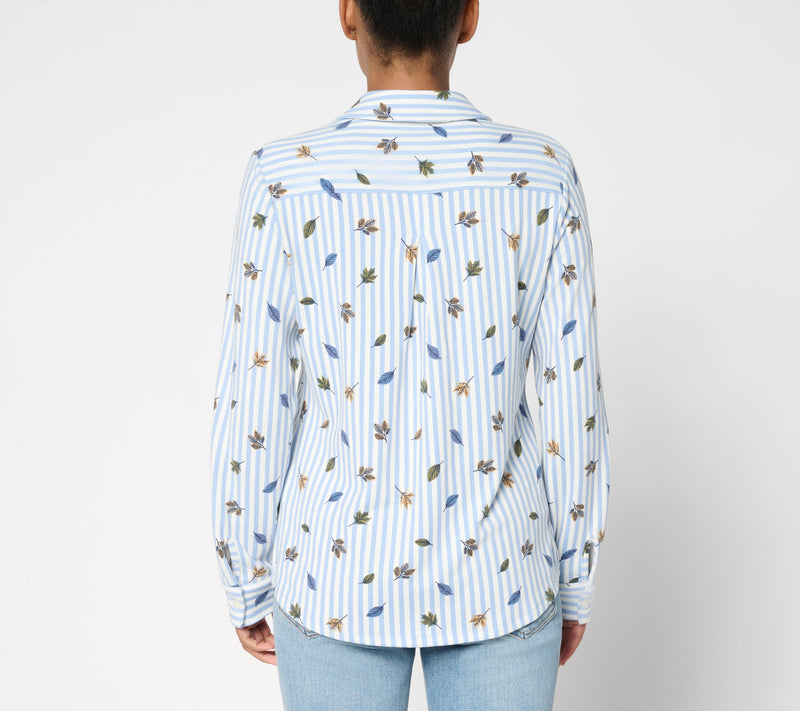 Denim & Co. Heavenly Jersey Button Front Fall Leaf Print Striped Top — View 4