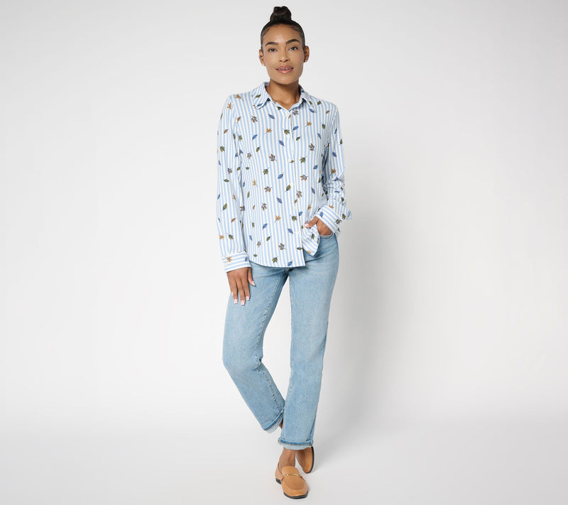 Denim & Co. Heavenly Jersey Button Front Fall Leaf Print Striped Top — View 5