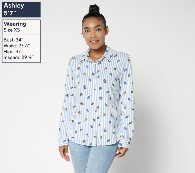 Denim & Co. Heavenly Jersey Button Front Fall Leaf Print Striped Top — View 3