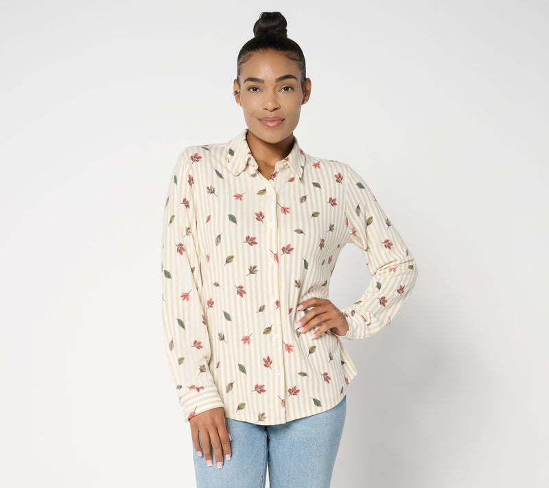 Denim & Co. Heavenly Jersey Button Front Fall Leaf Print Striped Top — View 12