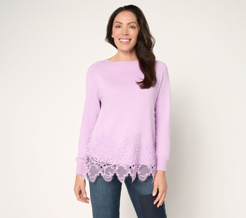 LOGO Lavish by Lori Goldstein Cotton Cashmere Lace Hem Sweater — Main view