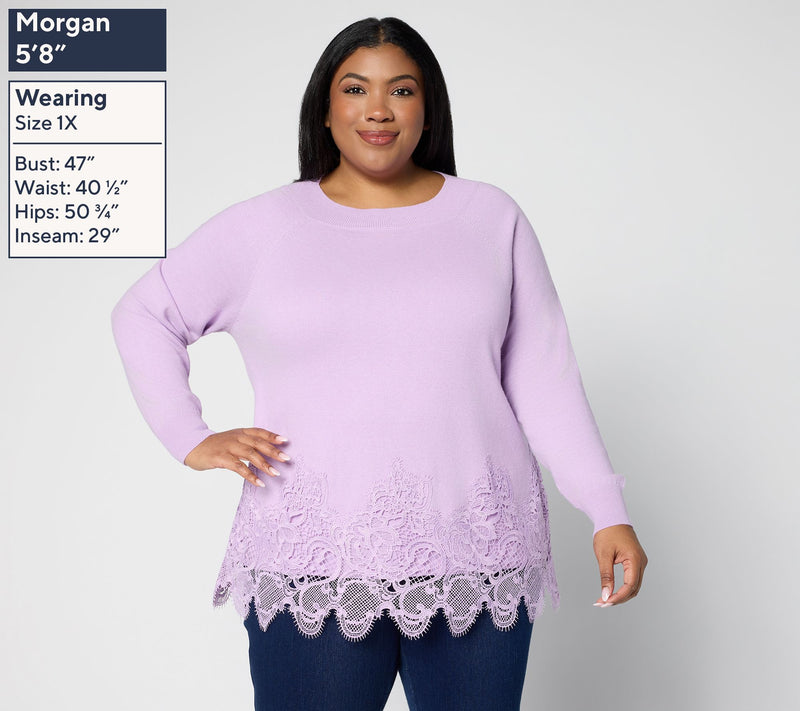 LOGO Lavish by Lori Goldstein Cotton Cashmere Lace Hem Sweater — View 4