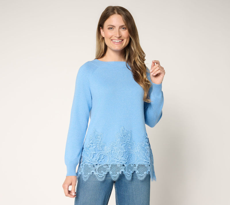 LOGO Lavish by Lori Goldstein Cotton Cashmere Lace Hem Sweater — View 13