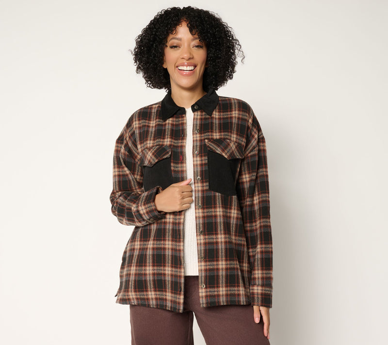 Peace Love World Brushed Flannel Plaid Jacket with Corduroy Collar — View 12