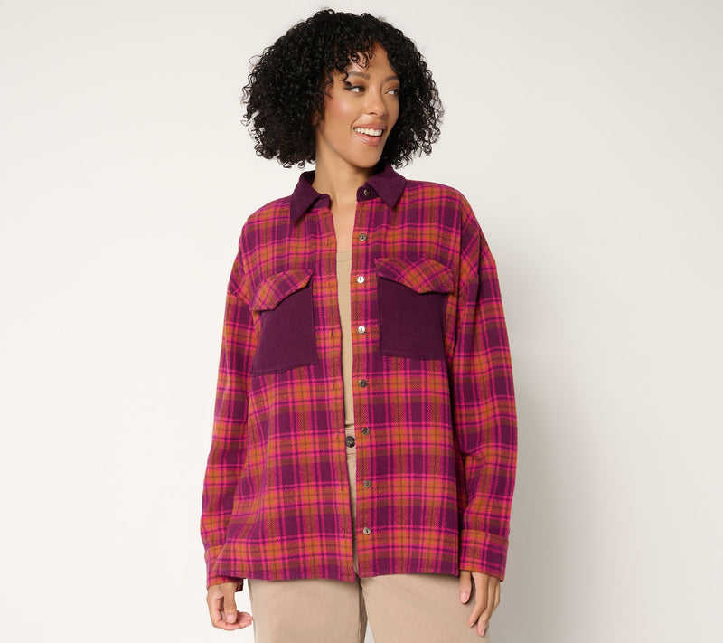 Peace Love World Brushed Flannel Plaid Jacket with Corduroy Collar — View 4