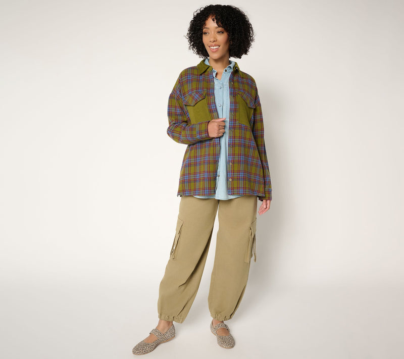 Peace Love World Brushed Flannel Plaid Jacket with Corduroy Collar — View 9
