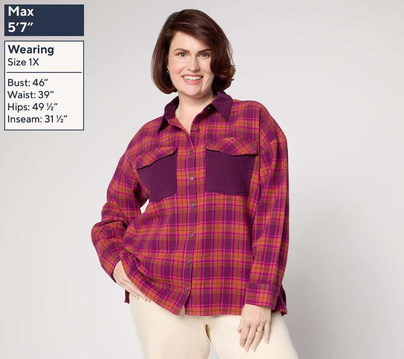 Peace Love World Brushed Flannel Plaid Jacket with Corduroy Collar — View 6