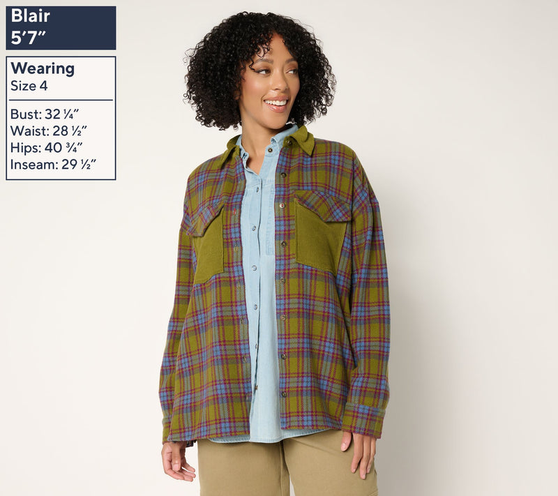 Peace Love World Brushed Flannel Plaid Jacket with Corduroy Collar — View 7
