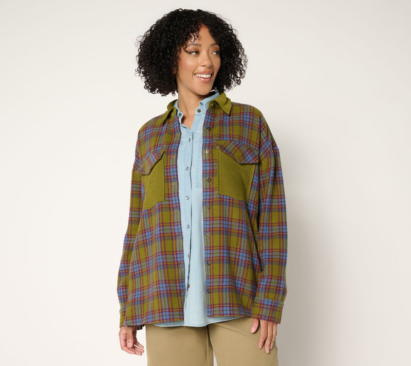 Peace Love World Brushed Flannel Plaid Jacket with Corduroy Collar — View 5