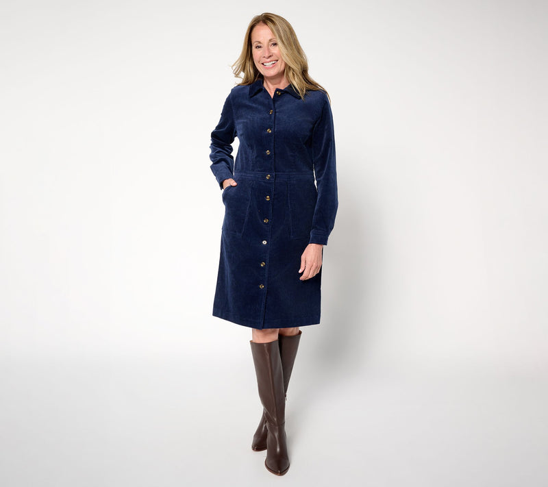 Joan Rivers Petite Stretch Corduroy Button Front Dress — View 7