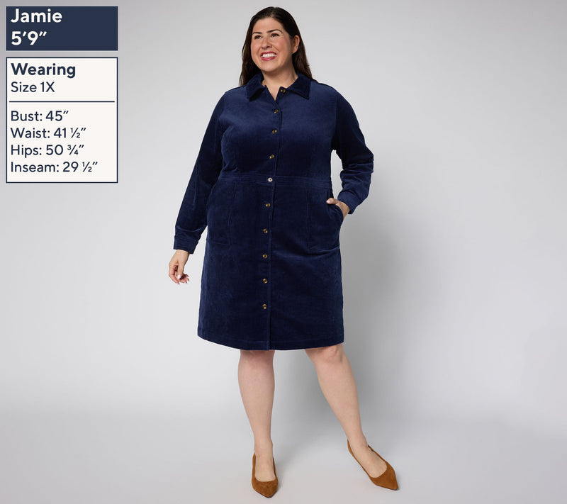 Joan Rivers Petite Stretch Corduroy Button Front Dress — View 8